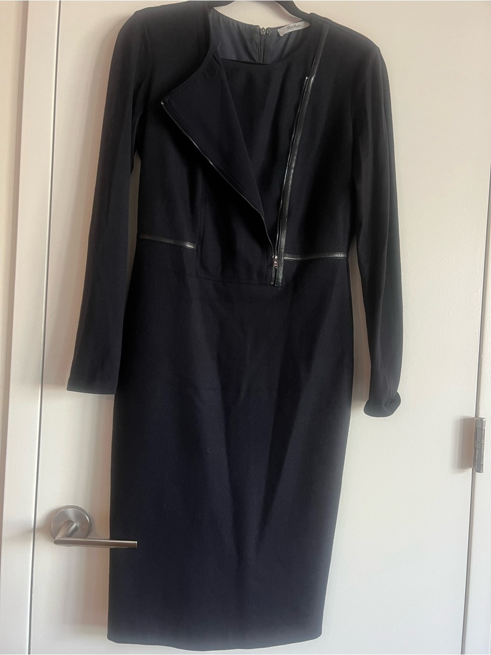 Max Mara Black Virgin Wool & Lamb Leather Asymmetric Moto Shift Dress Size 42 /